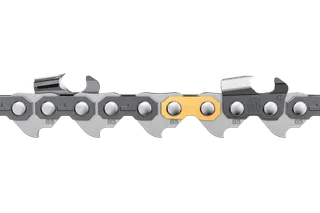 Close-up view of a chainsaw chain with detailed cutting teeth.
