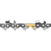 Close-up view of a chainsaw chain with detailed cutting teeth.