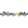 Close-up view of a chainsaw chain with detailed cutting teeth.