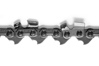Husqvarna 富世华链锯锯链的特写视图，显示了链节和切割齿。