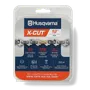 Vue de face de l’emballage de la chaîne de scie à chaîne Husqvarna X-CUT, mettant en évidence des caractéristiques telles que le tranchant et la compatibilité.