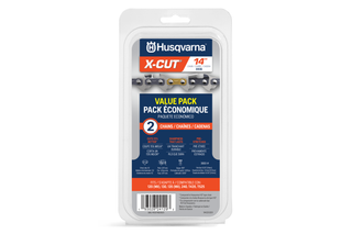 Husqvarna X-CUT® S93G, 3/8" mini pitch, .050 gauge - 2 Pack. Packaging of Husqvarna X-Cut 14-inch chainsaw chains, value pack with two chains.