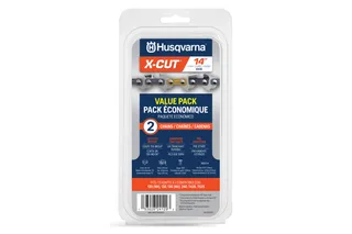 Packaging of Husqvarna X-Cut 14-inch chainsaw chains, value pack with two chains.
