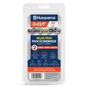 Packaging of Husqvarna X-Cut 14-inch chainsaw chains, value pack with two chains.
