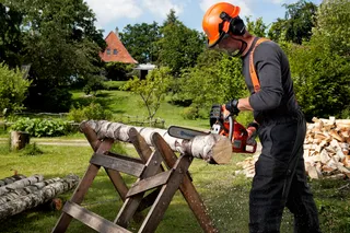 A person using a chainsaw to cut a log on a sawhorse in a garden setting.
