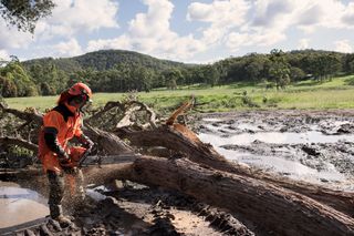 A person using a chainsaw to cut a fallen tree in a muddy outdoor setting.