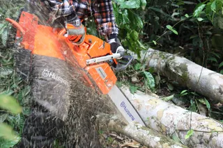 Una persona que utiliza una motosierra Husqvarna para cortar un árbol caído en un bosque.