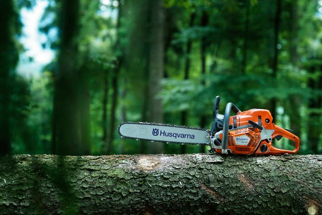 Una motosierra Husqvarna descansa sobre un tronco de árbol en un entorno forestal.