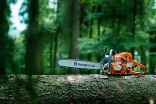 HUSQVARNA 562 XP®. Верижен трион Husqvarna, опиращ се на дървен материал в гора.