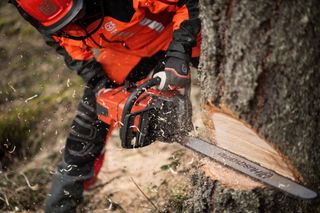 A person using a chainsaw to cut a tree trunk outdoors.