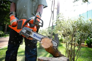 Osoba używająca piły łańcuchowej Husqvarna do cięcia gałęzi drzewa w ogrodzie.