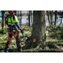A person in work gear standing in a forest, preparing to cut down a tree with a chainsaw.