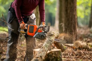 A person using a chainsaw to cut a tree log in a forest setting.