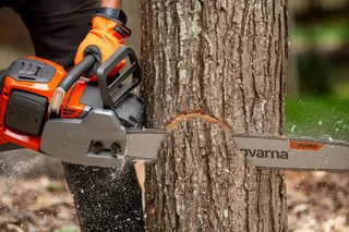 A person using a chainsaw to cut through a tree trunk outdoors.