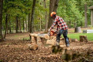 A person using a chainsaw to cut logs in a wooded area.