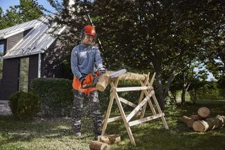 Chopping wood, house in background Chainsaw ​240i