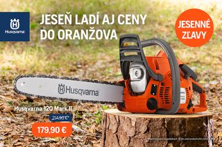 Reťazová píla Husqvarna na pni stromu, banner slovenského jesenného výpredaja ukazuje 179,90 €.