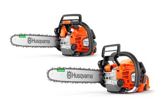 Studio view of two Husqvarna chainsaws shown front and side, with guide bars and chains.