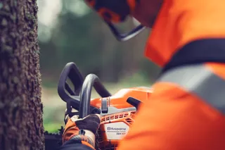 Osoba używająca piły łańcuchowej Husqvarna do cięcia drzewa w lesie.