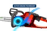 Illustration of a Husqvarna chainsaw showcasing its active cooling technology.
