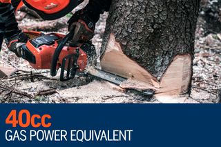 A person using a chainsaw to cut a tree trunk, with text overlay indicating "40cc Gas Power Equivalent."
