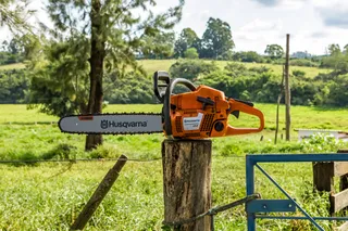 Chainsaw resting on a tree stump in a grassy field.