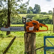 Chainsaw resting on a tree stump in a grassy field.