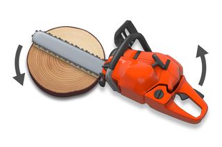 Illustration of a chainsaw cutting through a log with motion arrows indicating movement.