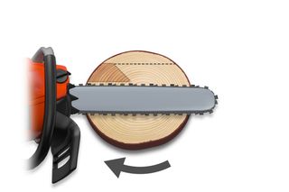 Illustration of a chainsaw cutting through a wooden log.