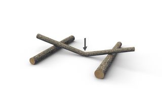 Three cut tree logs arranged in a cross pattern with an arrow pointing to the center.