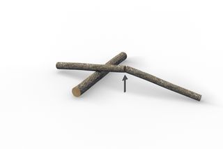 Two wooden sticks crossed with an arrow pointing to a cut section.