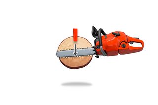Front view of a chainsaw with a circular saw blade attachment.