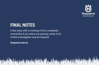 Text on a blue background with Husqvarna logo, discussing oil coverage and investigation.