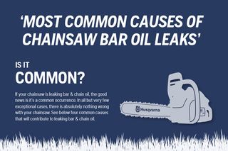 Illustration of a Husqvarna chainsaw with text discussing common causes of chainsaw bar oil leaks.