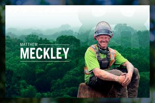 A person in work gear sitting on a tree stump with a forest background, the name 'Matthew Meckley' is displayed.