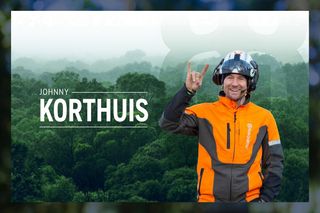 Person in Husqvarna work gear before a forest; text overlay reads “Johnny Korthuis.”