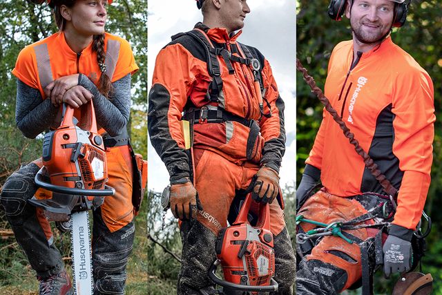 Three individuals in work gear holding Husqvarna chainsaws in a forest setting.