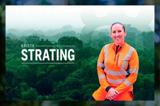 Person in work gear with a blurred face, standing in front of a forest backdrop with the name 'Krista Strating' displayed.
