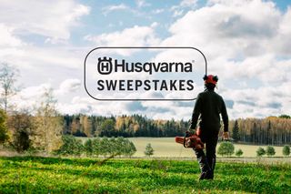 A person walking in a grassy field holding a Husqvarna chainsaw, with a sweepstakes overlay.