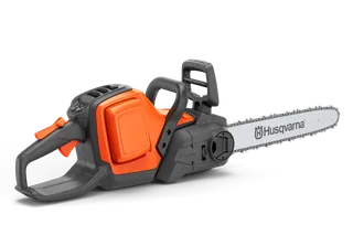 Side view of a Husqvarna battery chainsaw with ergonomic handle.