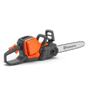 Side view of a Husqvarna battery chainsaw with ergonomic handle.