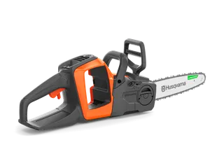 Side view of a Husqvarna chainsaw showing guide bar, chain, and handles.