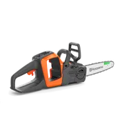 Side view of a Husqvarna chainsaw showing guide bar, chain, and handles.