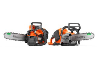 Side view of two Husqvarna chainsaws placed on a white background.