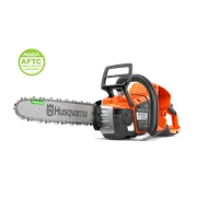 Side view studio image of a Husqvarna chainsaw with guide bar and chain, with an AGZA AFTC field-tested certified badge visible in the corner.