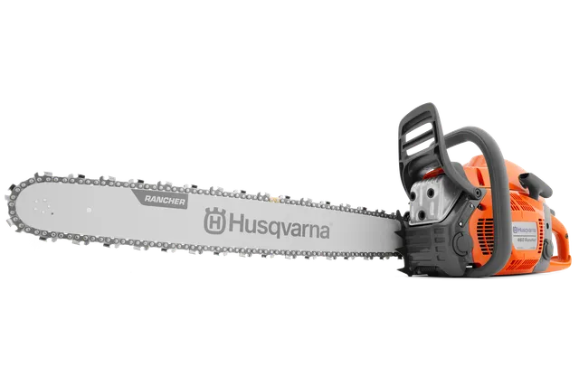 Side view of a Husqvarna chainsaw with a visible blade and handle.