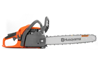 Side view of a Husqvarna chainsaw with a visible blade and handle.