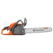 Side view of a Husqvarna chainsaw with a visible blade and handle.