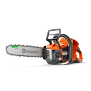 Side view of a Husqvarna chainsaw with visible chain and ergonomic handle.