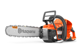 Side view of a Husqvarna chainsaw with visible branding and chain detail.